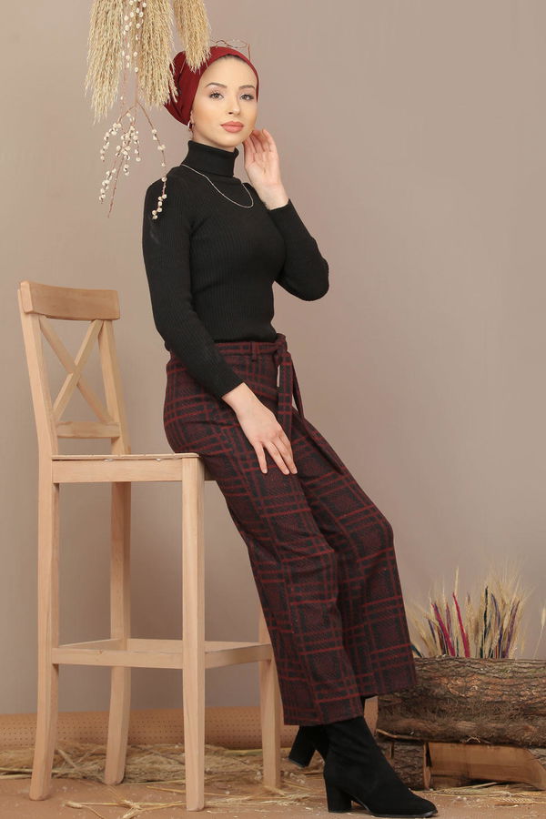 Kuşaklı Ekose Pantolon Bordo - 7924 Bordo - 7924 BORDO