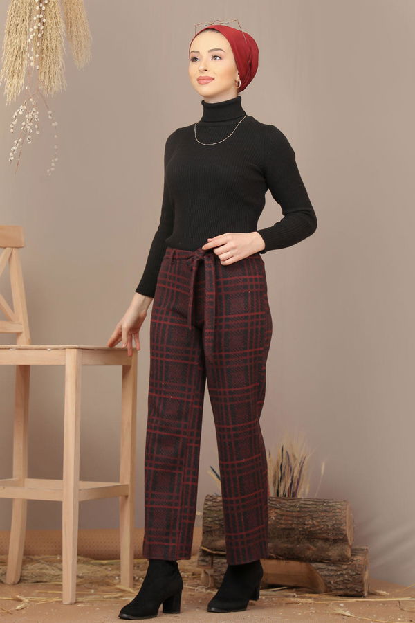 Kuşaklı Ekose Pantolon Bordo - 7924 Bordo - 7924 BORDO