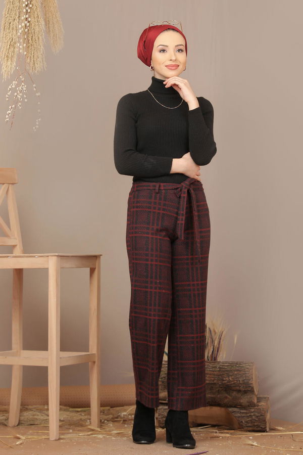 Kuşaklı Ekose Pantolon Bordo - 7924 Bordo - 7924 BORDO