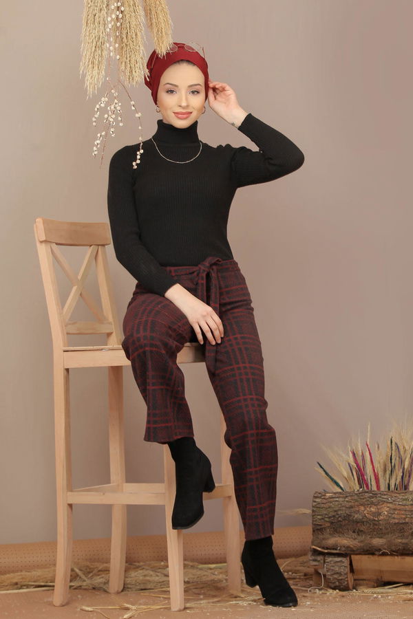 Kuşaklı Ekose Pantolon Bordo - 7924 Bordo - 7924 BORDO