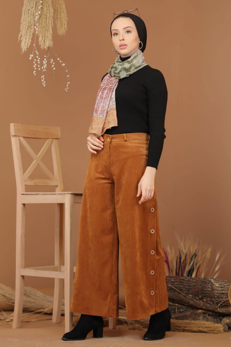 Dügme Detay Kadife Pantolon Taba - 7948 Taba - 7948 TABA