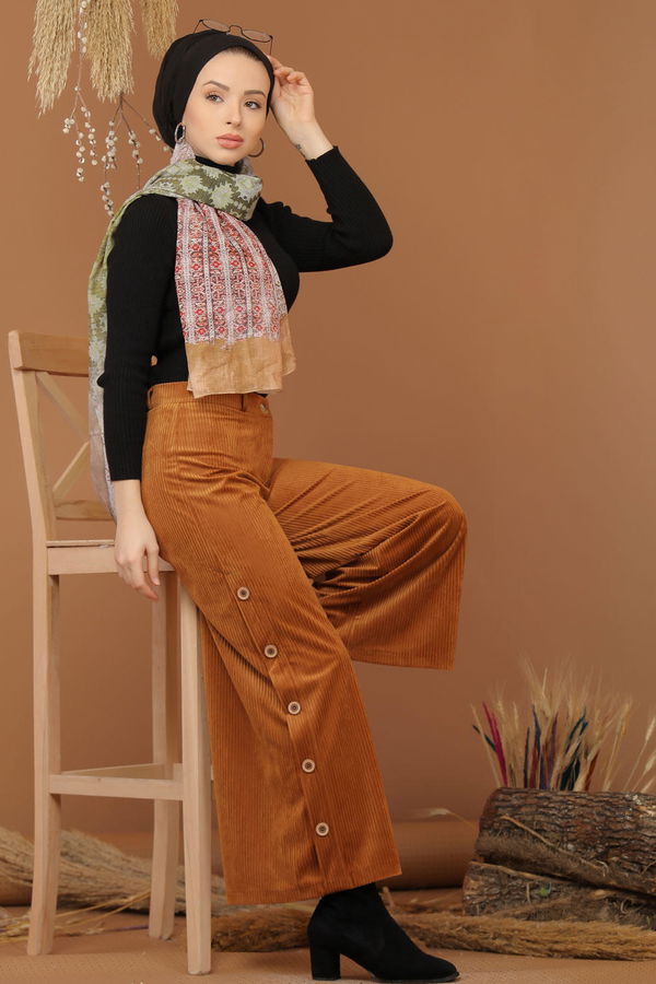 Dügme Detay Kadife Pantolon Taba - 7948 Taba - 7948 TABA