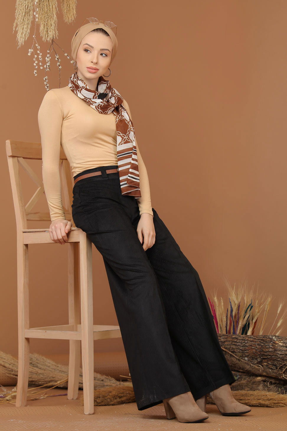 Kadife Pantolon Kemer Siyah - 7947 Siyah - 7947