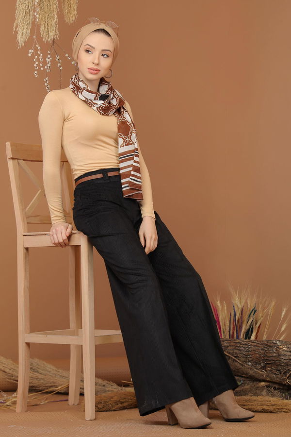 Kadife Pantolon Kemer Siyah - 7947 Siyah - 7947