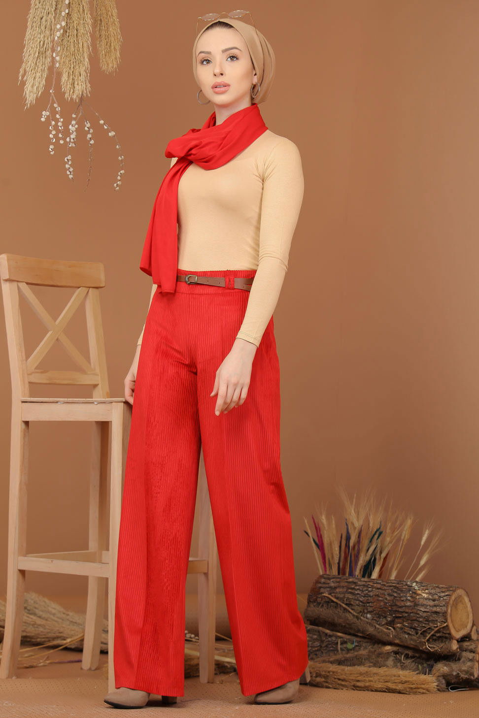 Kadife Pantolon Kemer Kırmızı - 7947 Kırmızı - 7947