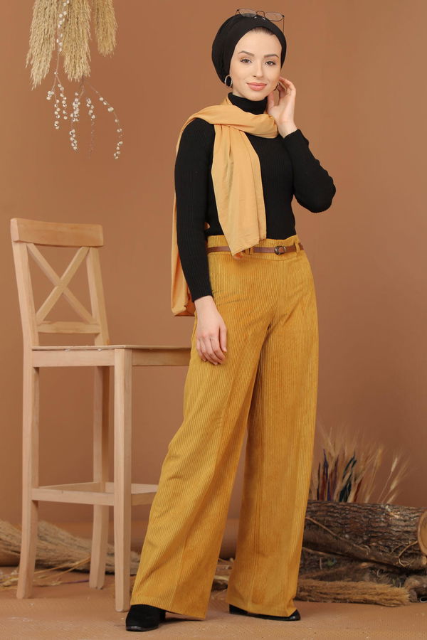 Kadife Pantolon Kemer Hardal - 7947 Sarı - 7947 Sarı