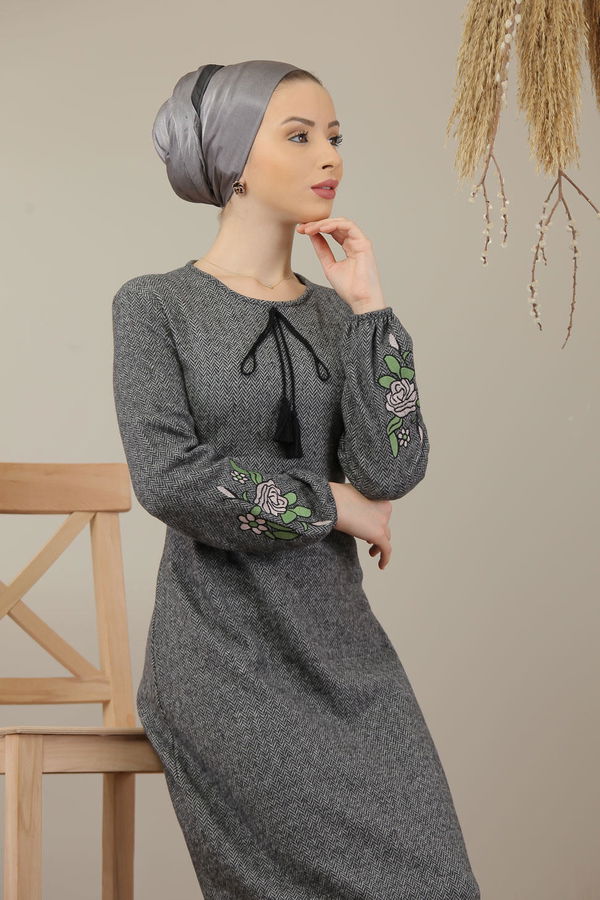 Balık Sırtı Elbise Haki  Gri - 7956
