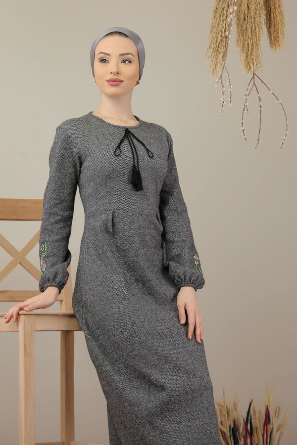 Balık Sırtı Elbise Haki  Gri - 7956