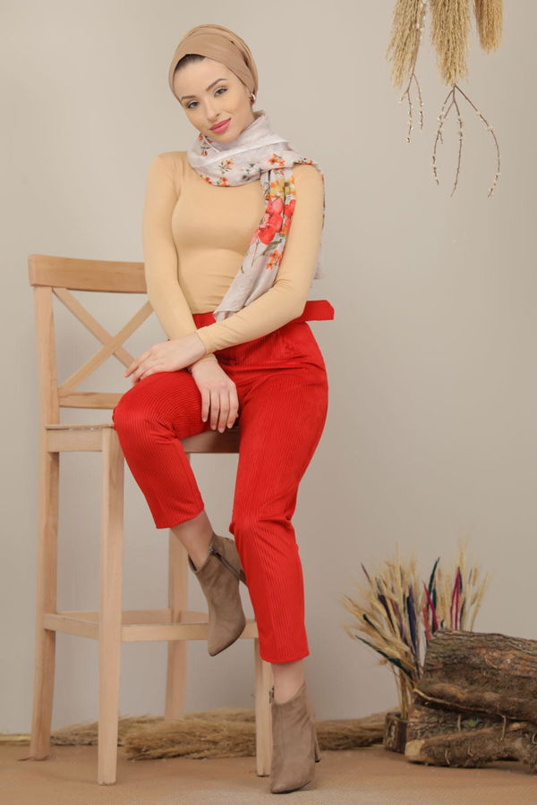 Kadife Pantolon Kemer Kırmızı - 7984 Kırmızı - 7984 Kırmızı