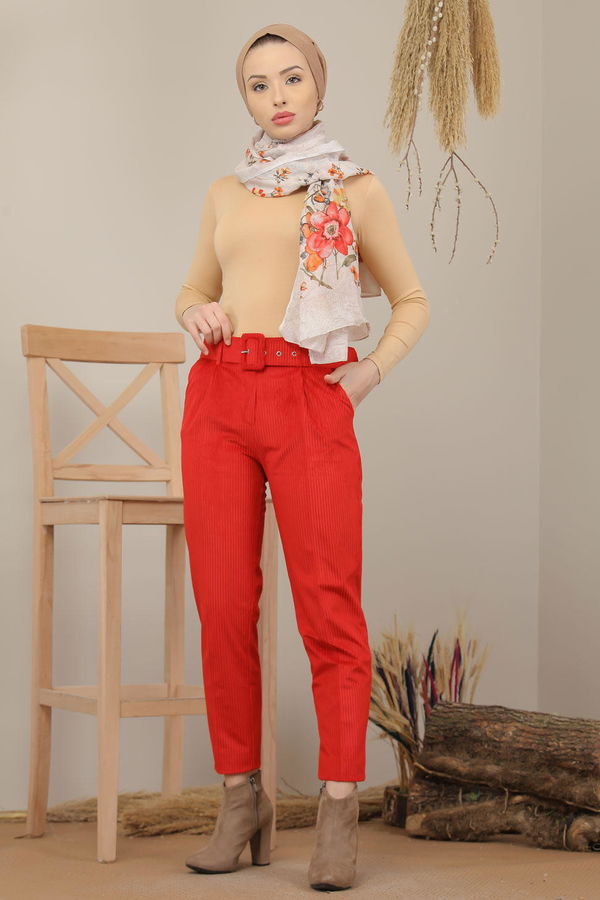 Kadife Pantolon Kemer Kırmızı - 7984 Kırmızı - 7984 Kırmızı