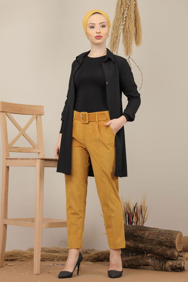 Kadife Pantolon Kemer Hardal - 7984 Sarı - 7984 Sarı