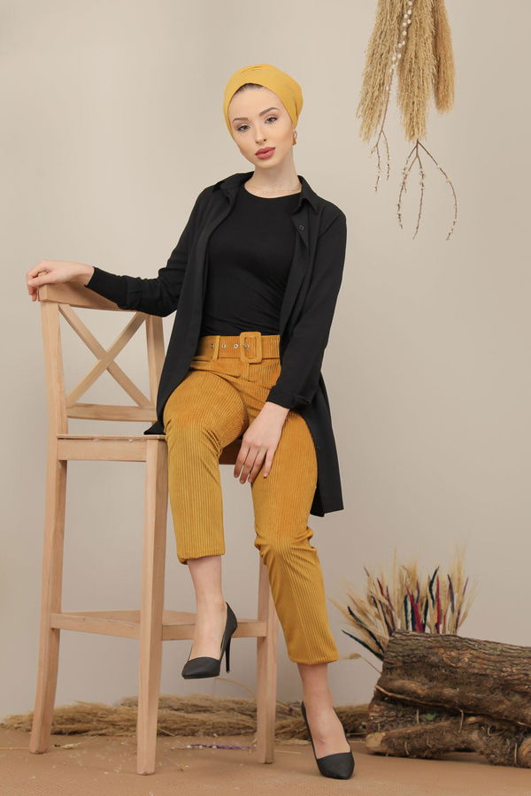 Kadife Pantolon Kemer Hardal - 7984 Sarı - 7984 Sarı