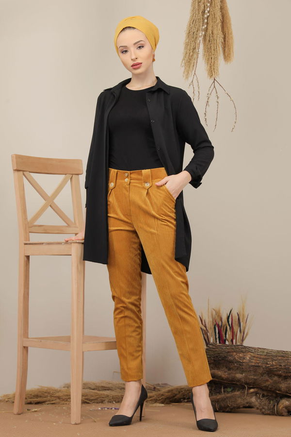 Kadife Pantolon Hardal - 7985 Sarı - 7985
