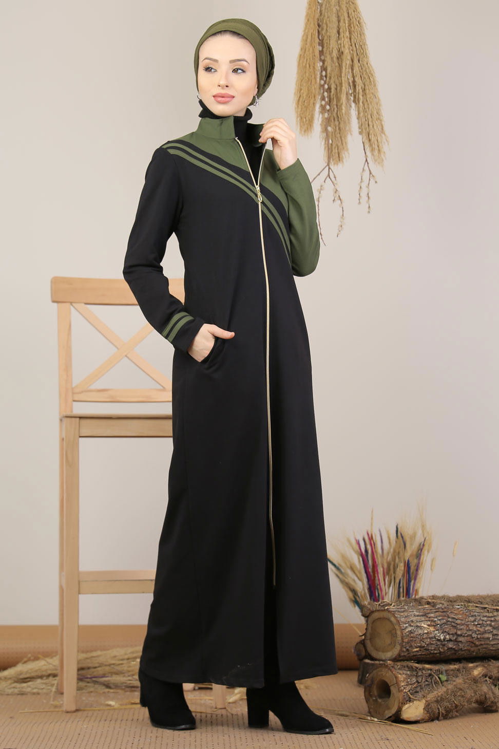 Fermuarlı Hırka Siyah  Haki - 5205