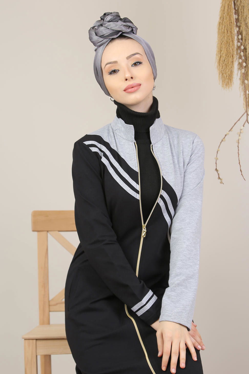 Fermuarlı Hırka Siyah  Gri - 5205