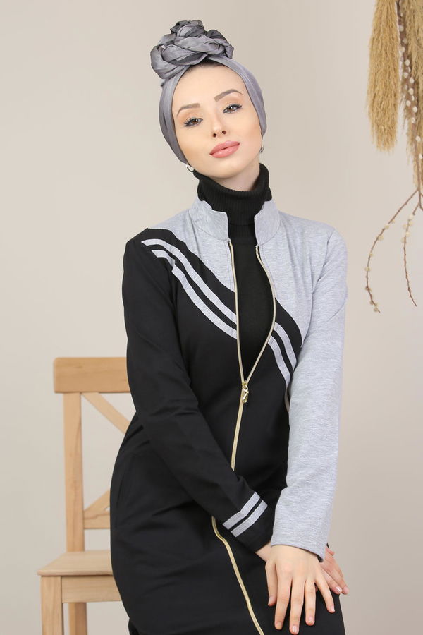Fermuarlı Hırka Siyah  Gri - 5205
