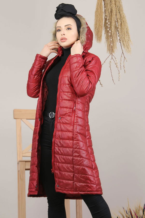 Kapşonlu Uzun Mont Haki  Bordo - 8137 BORDO