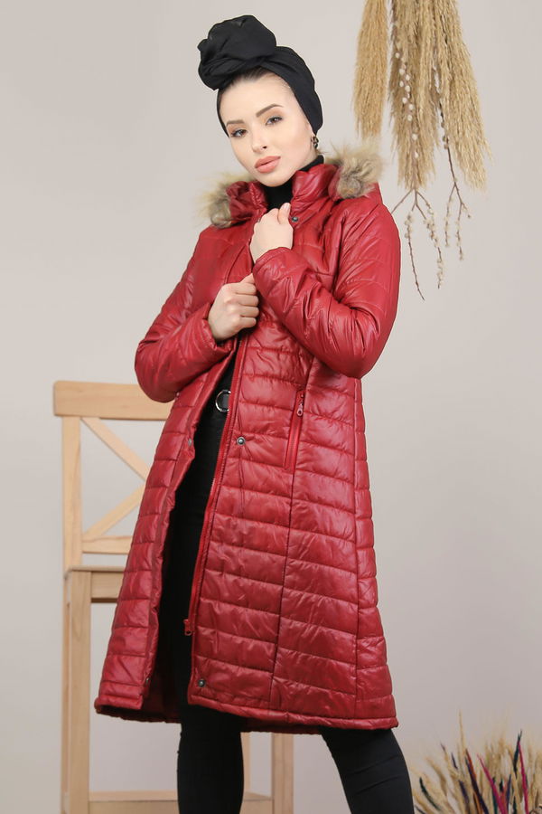 Kapşonlu Uzun Mont Haki  Bordo - 8137 BORDO