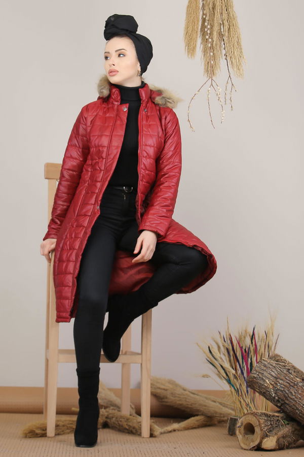 Kapşonlu Uzun Mont Haki  Bordo - 8137 BORDO