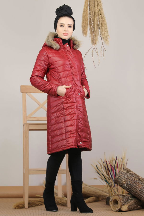 Kapşonlu Uzun Mont Haki  Bordo - 8137 BORDO