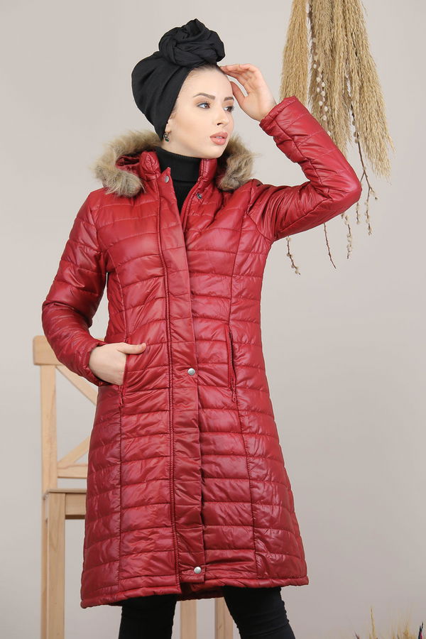 Kapşonlu Uzun Mont Haki  Bordo - 8137 BORDO