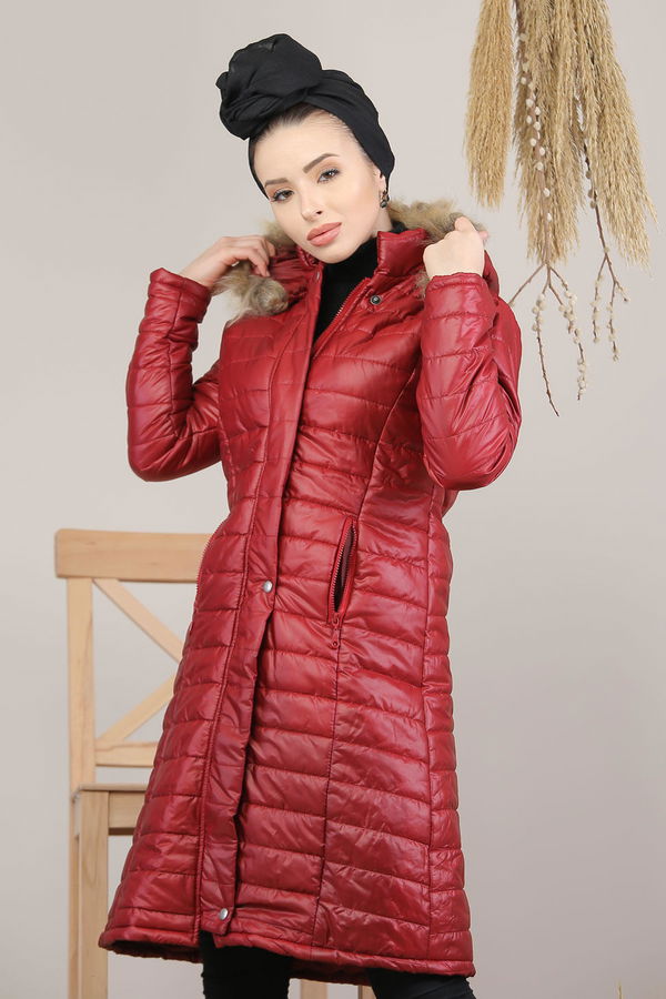 Kapşonlu Uzun Mont Haki  Bordo - 8137 BORDO