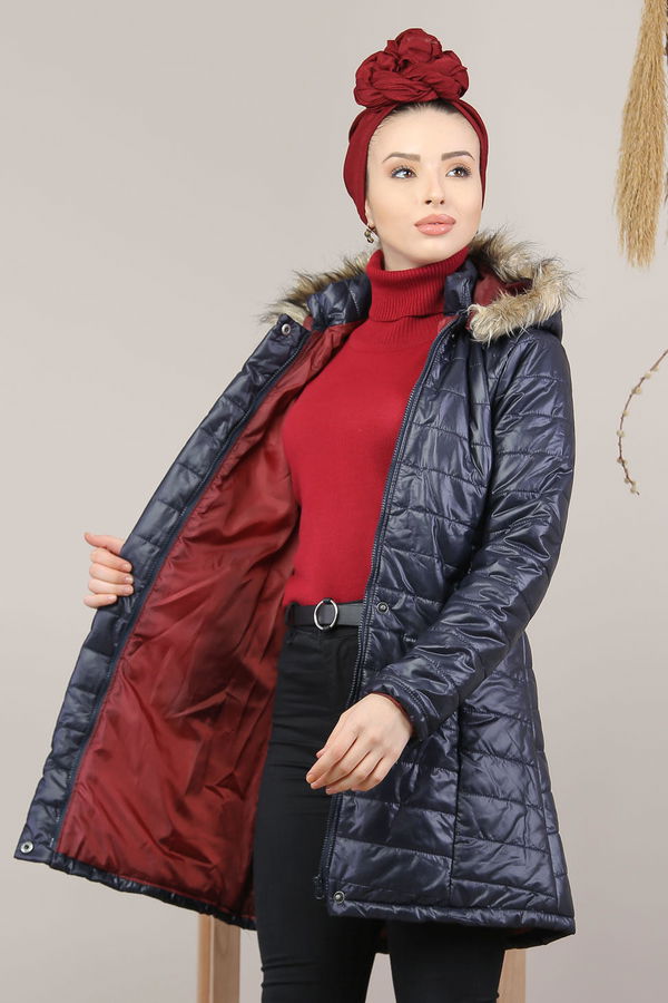 Kapşonlu Mont Siyah Vizon  Lacivert - 8140 LACİVERT
