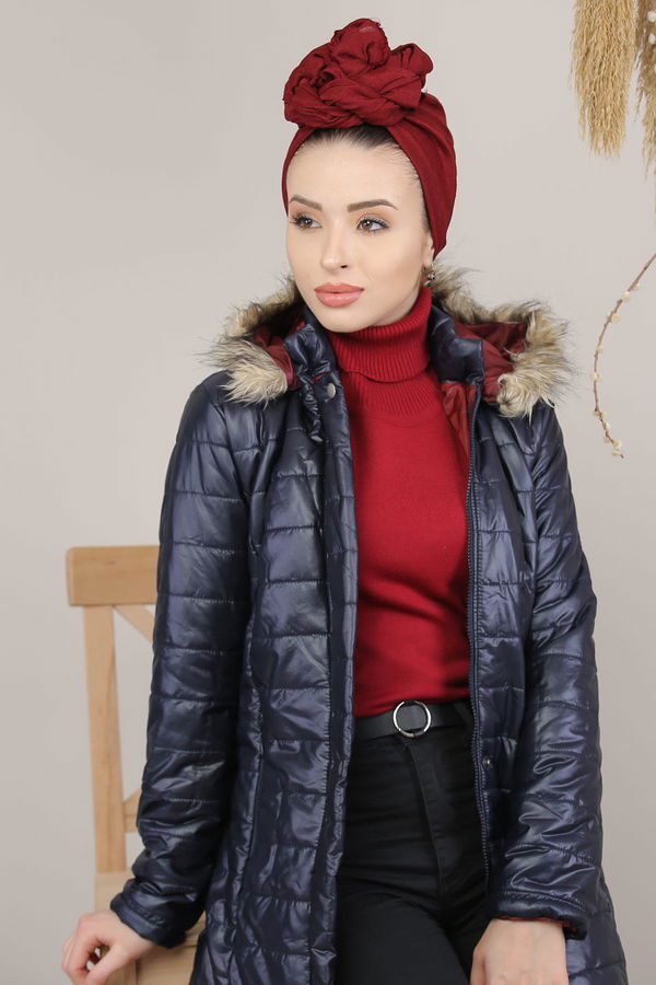Kapşonlu Mont Siyah Vizon  Lacivert - 8140 LACİVERT