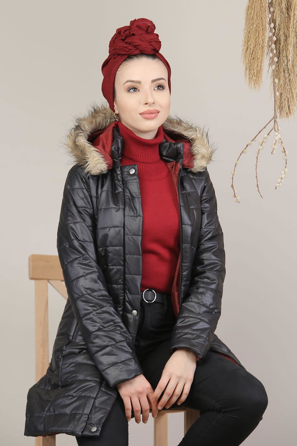 Kapşonlu Mont Siyah Vizon  Siyah - 8140