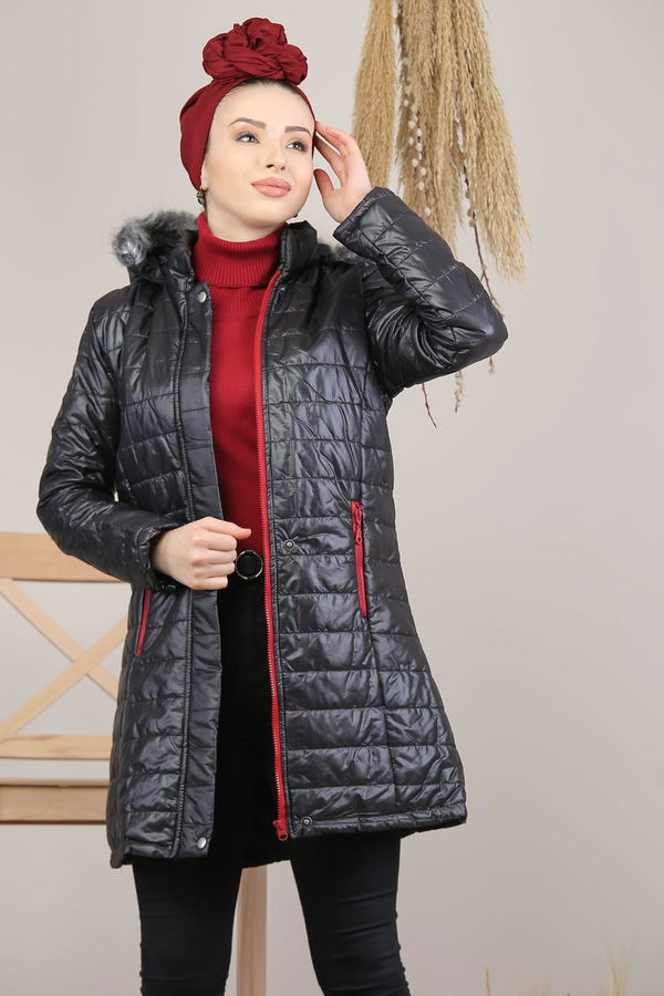 Kapşonlu Mont Siyah Vizon  Siyah - 8140