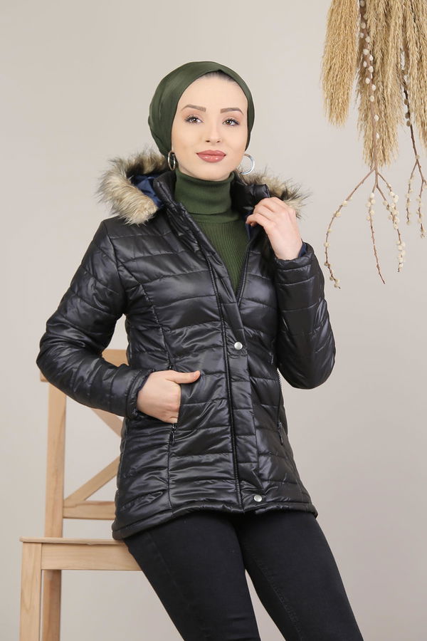 Kapşonlu Kısa Mont Kırmızı  Siyah - 8138 SİYAH