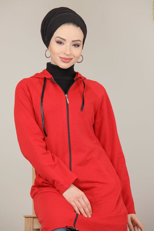 Fermuarlı Hırka Siyah  Kırmızı - 5223