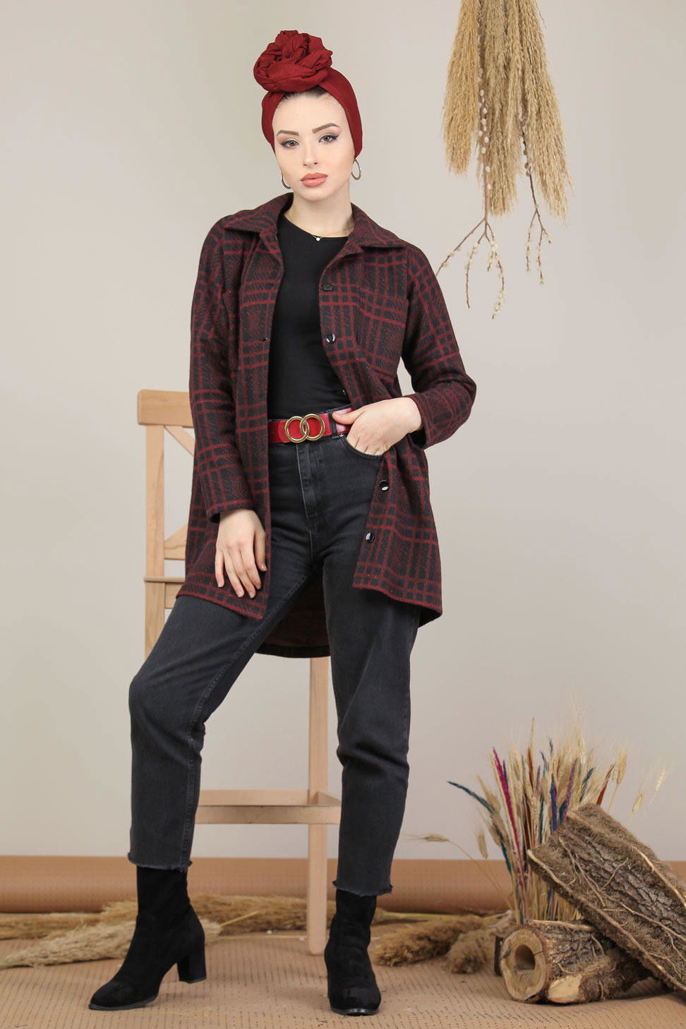 Dügmeli Ekose Ceket Bordo - 8154 Bordo - 8154 BORDO