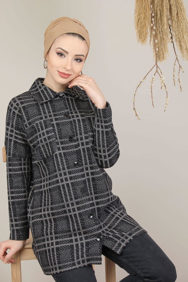 Dügmeli Ekose Ceket Gri - 8154 Gri - 8154 GRİ