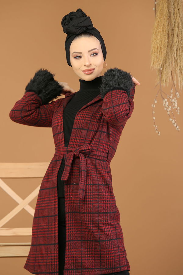 Kolları Kürklü Ceket Haki  Bordo - 5211 BORDO