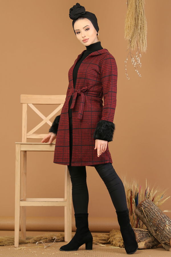 Kolları Kürklü Ceket Haki  Bordo - 5211 BORDO