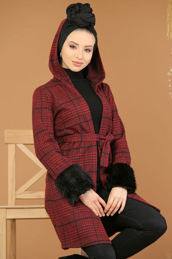 Kolları Kürklü Ceket Haki  Bordo - 5211 BORDO