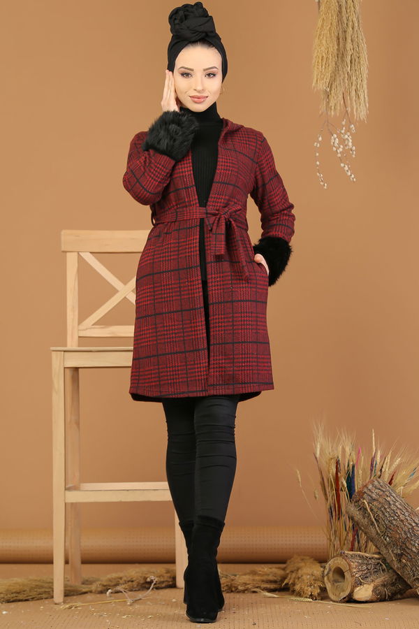 Kolları Kürklü Ceket Haki  Bordo - 5211 BORDO