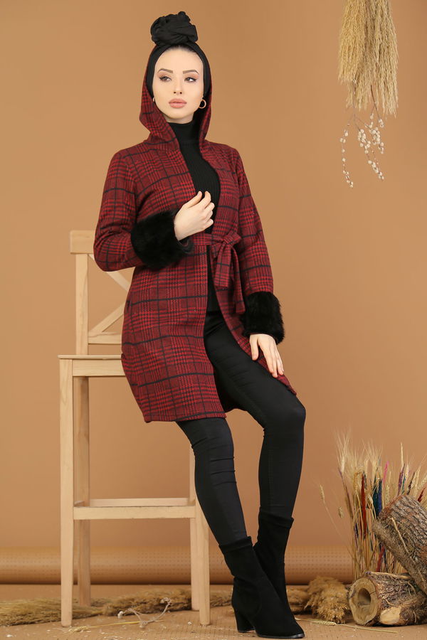 Kolları Kürklü Ceket Haki  Bordo - 5211 BORDO