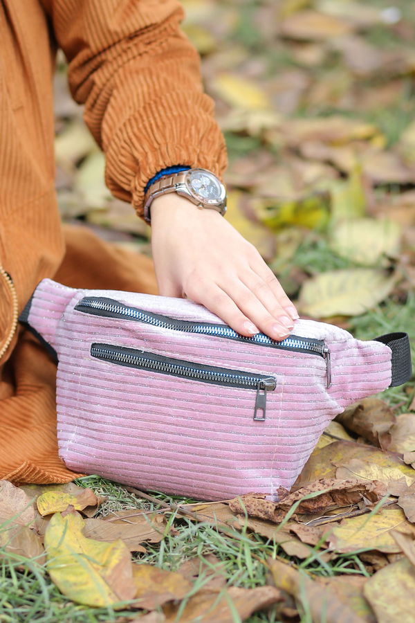 Kadın Pembe Kadife Bel Çanta Siyah  - 8218 PEMBE