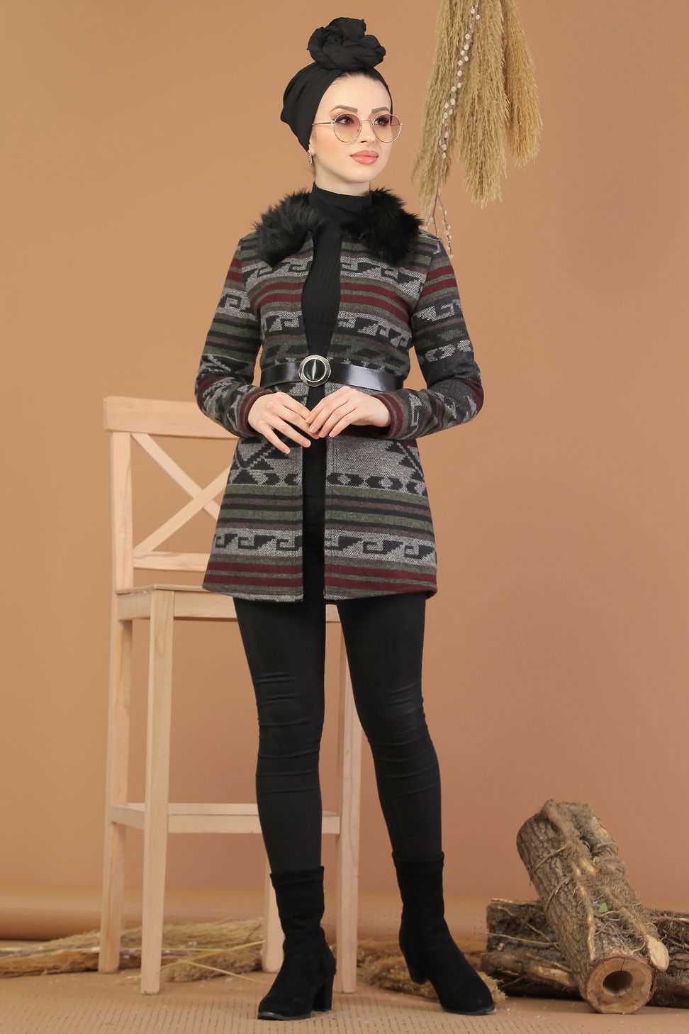 Kürk Detay Ceket Bordo Haki - 8233 Bordo - 8233