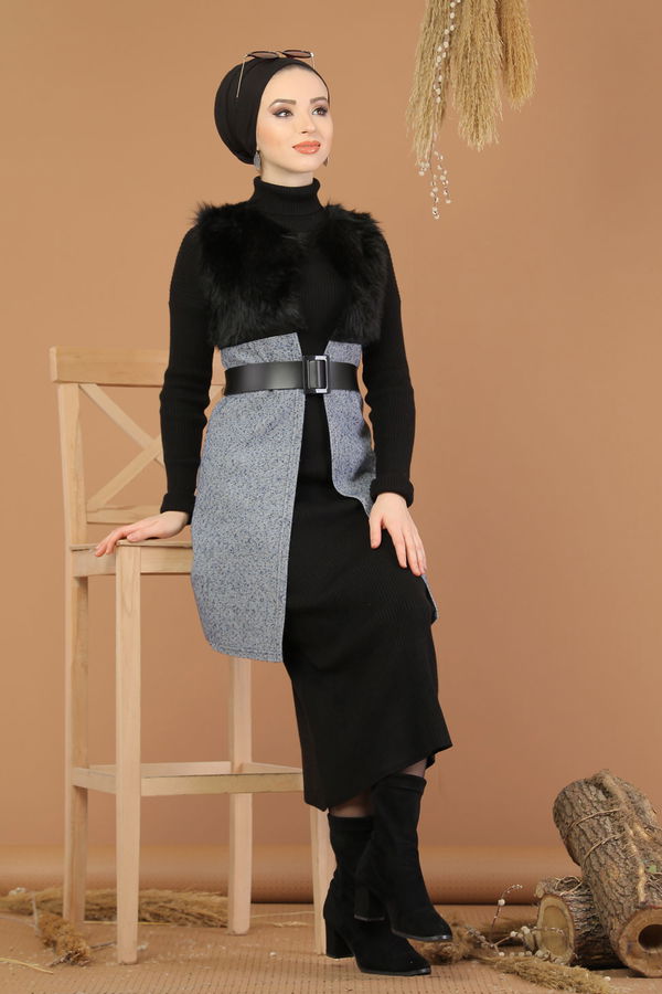 Kürk Detay Yelek Gri - 8186 Gri - 8186