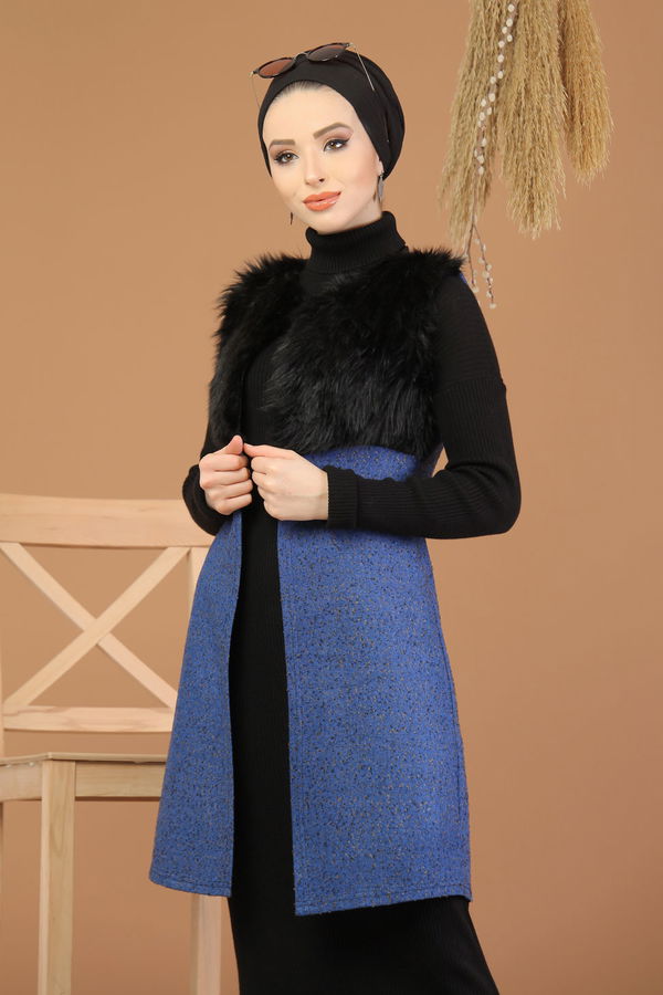 Kürk Detay Yelek Saks - 8186 Mavi - 8186