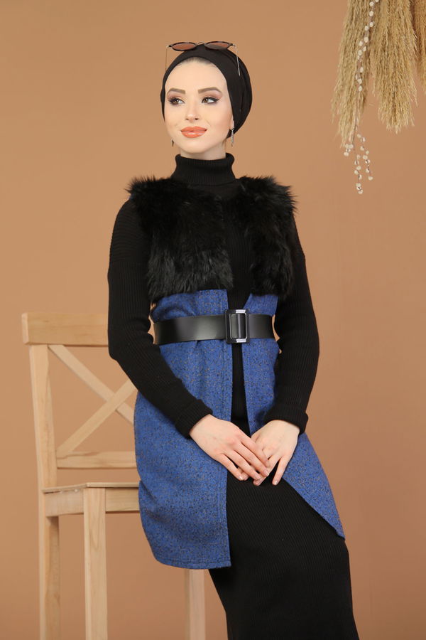 Kürk Detay Yelek Saks - 8186 Mavi - 8186