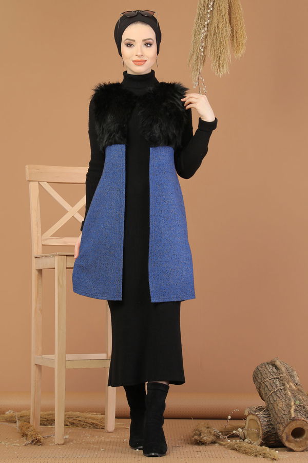 Kürk Detay Yelek Saks - 8186 Mavi - 8186