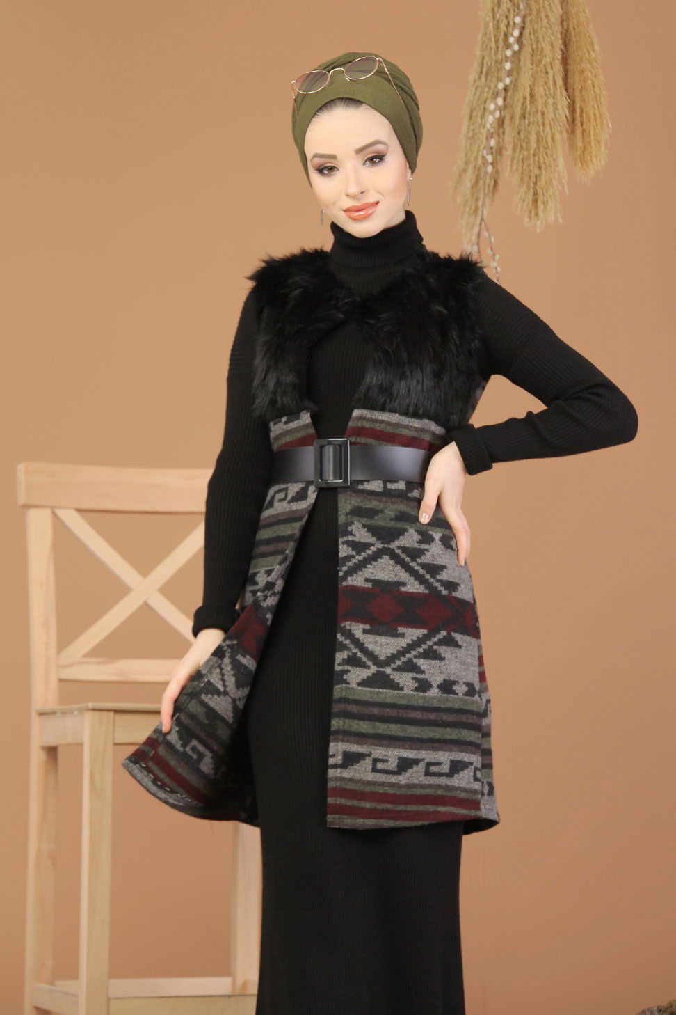 Kürk Detay Yelek Siyah Haki - 8186 Siyah - 8186