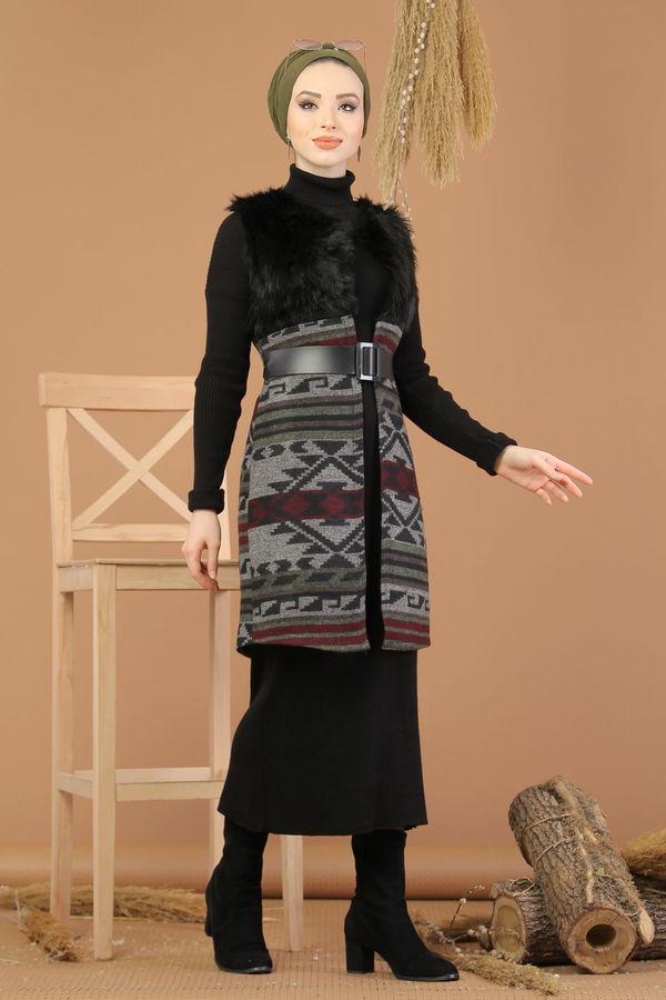 Kürk Detay Yelek Siyah Haki - 8186 Siyah - 8186