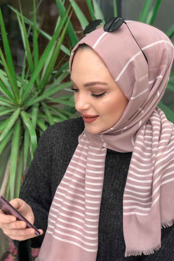 Çizgili Şal Siyah  Pembe - 8181 PEMBE