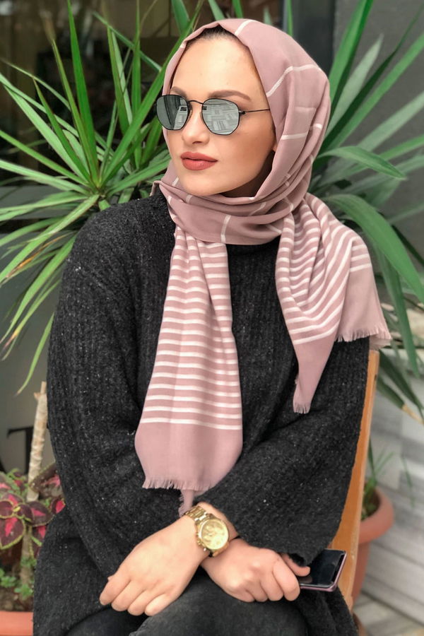 Çizgili Şal Siyah  Pembe - 8181 PEMBE