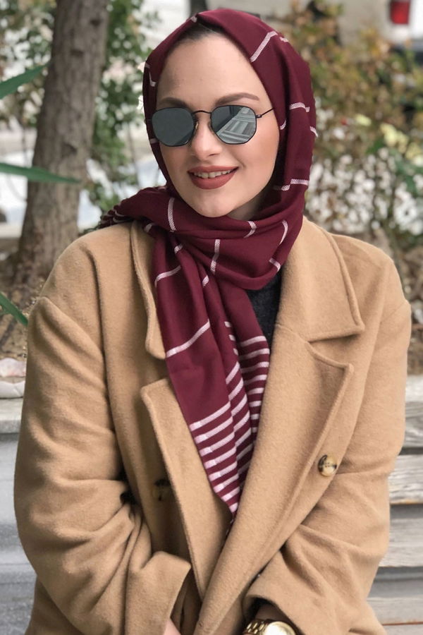 Çizgili Şal Siyah  Bordo - 8181 BORDO